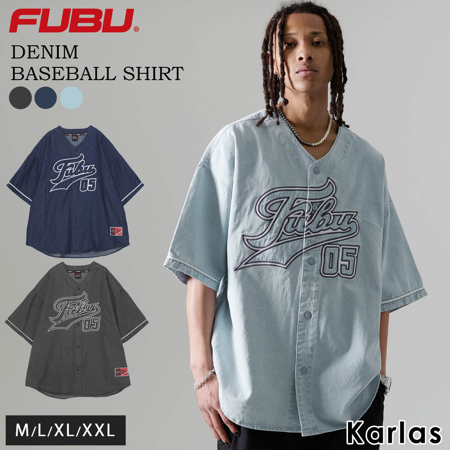P5倍FUBU フブ ベースボールシャツ 半袖 デニム 綿100 ロゴ刺繍 メンズ