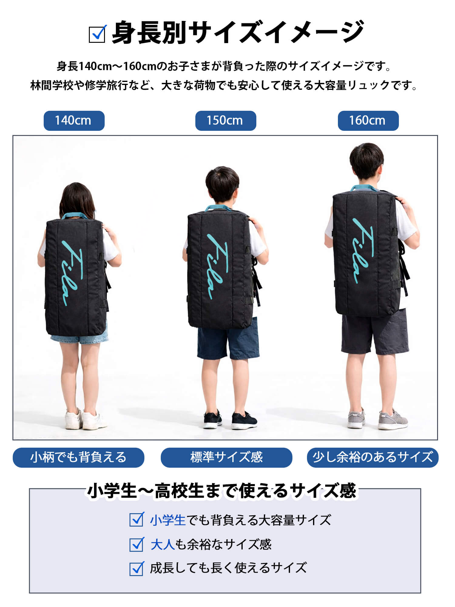 FILA フィラ ボストンバッグ 大容量 50L 軽量 3way 修学旅行 林間学校 リュックサック 3泊 旅行バッグ メンズ レディース おしゃれ 学生 ノベルティ付 関連画像3