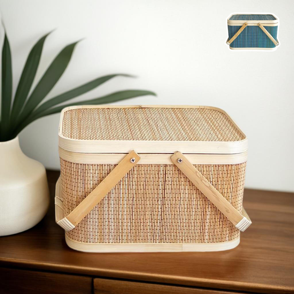 竹籠　竹かご　ピクニックバスケット Amazon｜竹ピクニックバスケット picnic basket ブルー Lサイズ