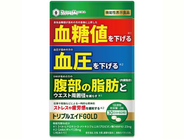 血糖値を下げる 血圧を下げる 内臓脂肪を減らす ストレス緩和 疲労感緩和 トリプルエイドGOLD 機能性表示食品 GABA サプリHMPA 30日 田七人参 サラシア イヌリン