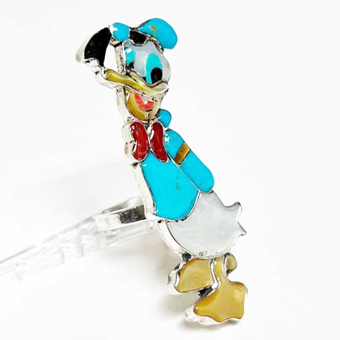 ズニ族 チャンネルインレイ ドナルドダック キャラクター リングINDIAN JEWERLY ZUNI "Don Dewa" Donald Duck Ringの画像