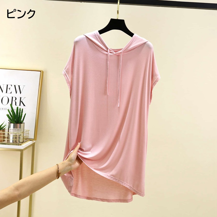 Tシャツ レディース 夏 半袖 フード付き モダール チュニック 