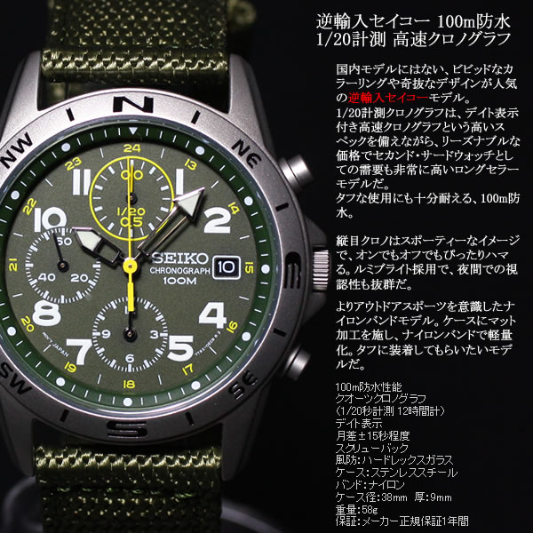 逆輸入セイコー SEIKO 100M防水 1/20秒計測 高速クロノグラフ