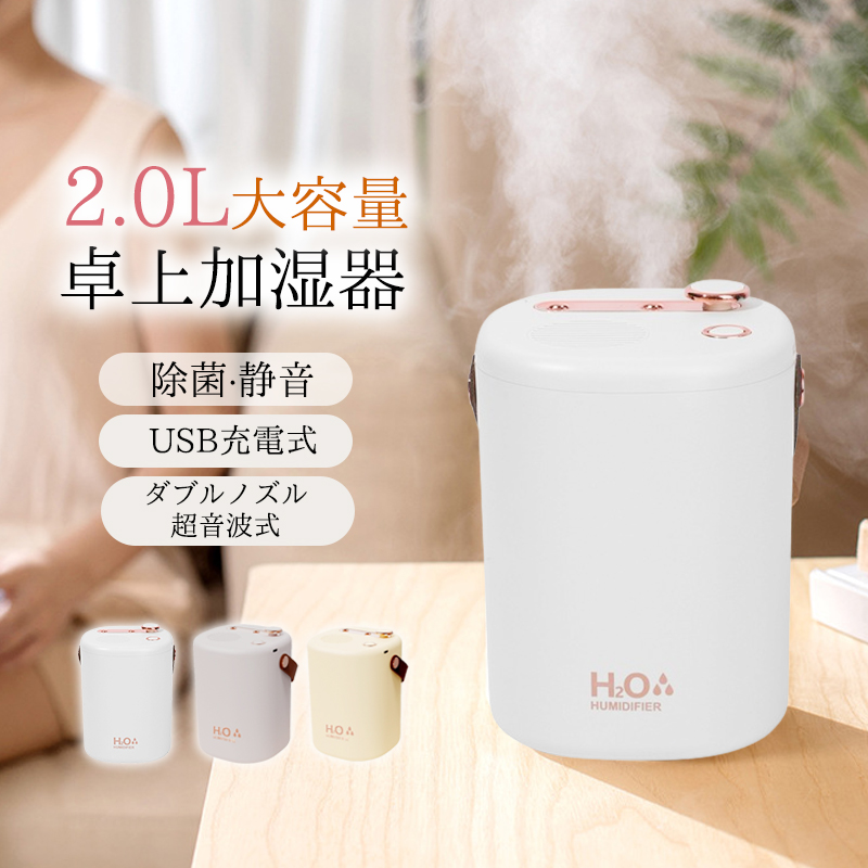 只今底値!加湿器 小型 卓上 ミニ加湿器 超音波 空気清浄機 大容量 2L USB充電式 除菌 コードレス 上部給水式 オフィス 部屋 寝室 車用 乾燥対策 |  | 01