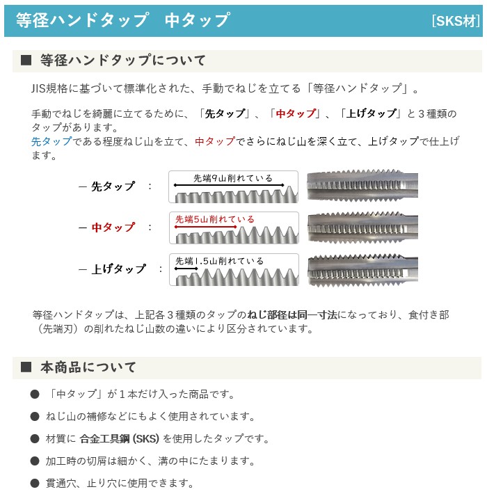 ISF 等径ハンドタップ SKS材 中タップ Ｍ5 細目用 (ピッチ＝0.5mm