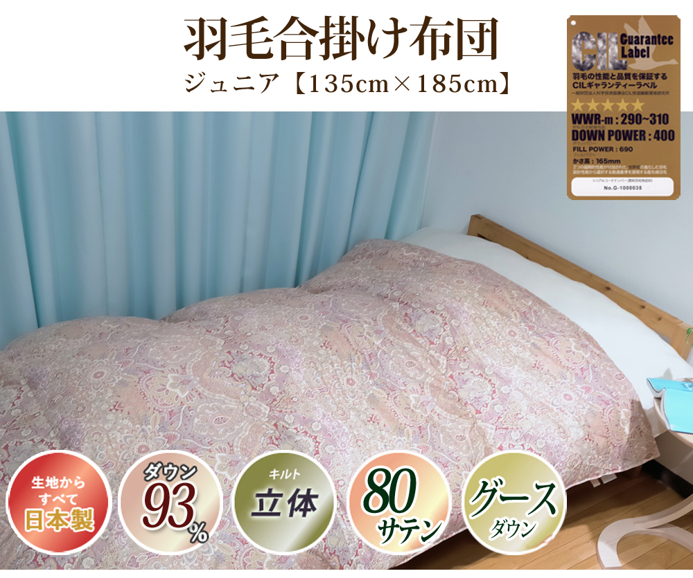 羽毛布団 合掛 135×185cm ジュニア 掛け布団 ハンガリー グースダウン