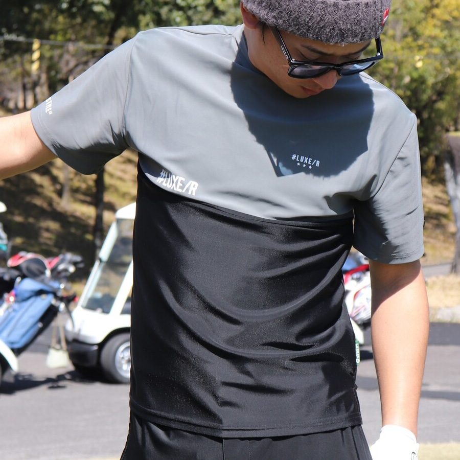 送料無料】切り替え ストレッチ 吸水速乾 モックネック Tシャツ メンズ