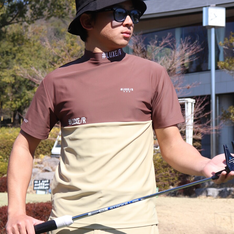 送料無料】切り替え ストレッチ 吸水速乾 モックネック Tシャツ メンズ