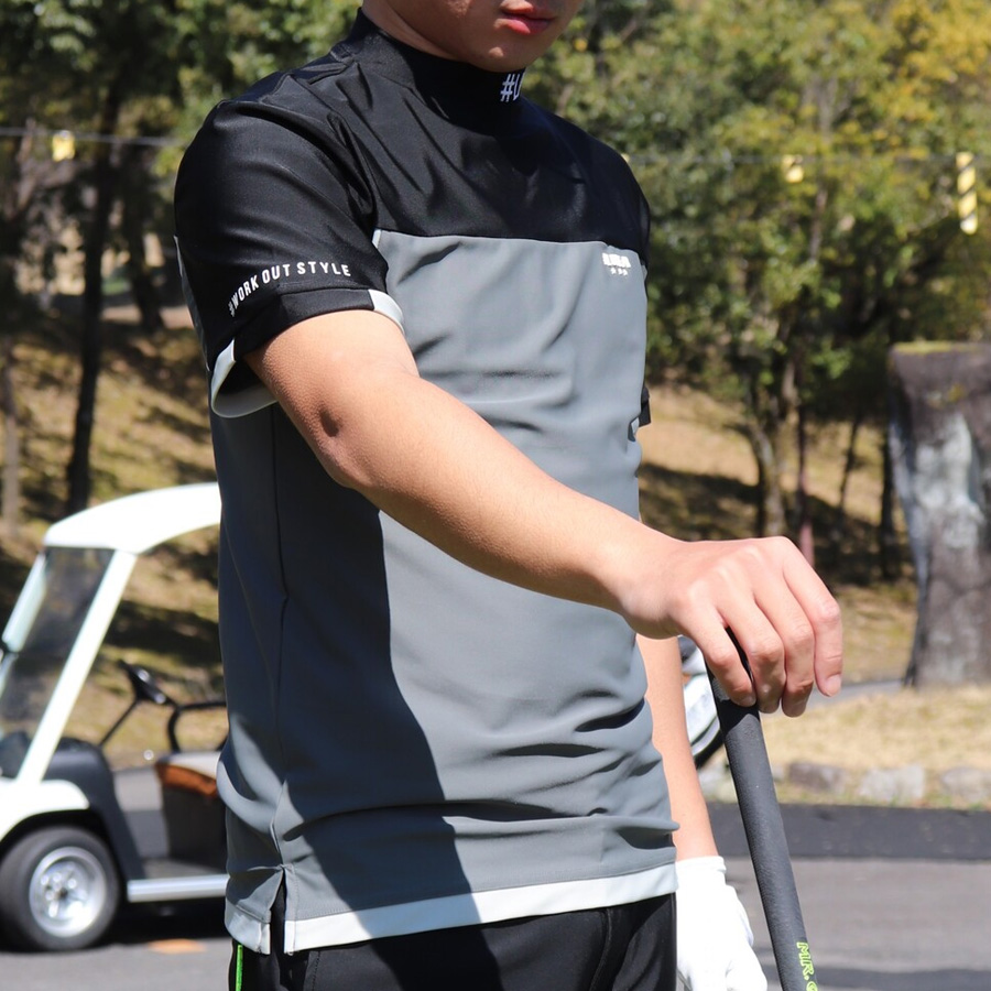 送料無料】切り替え ストレッチ 吸水速乾 モックネック Tシャツ メンズ