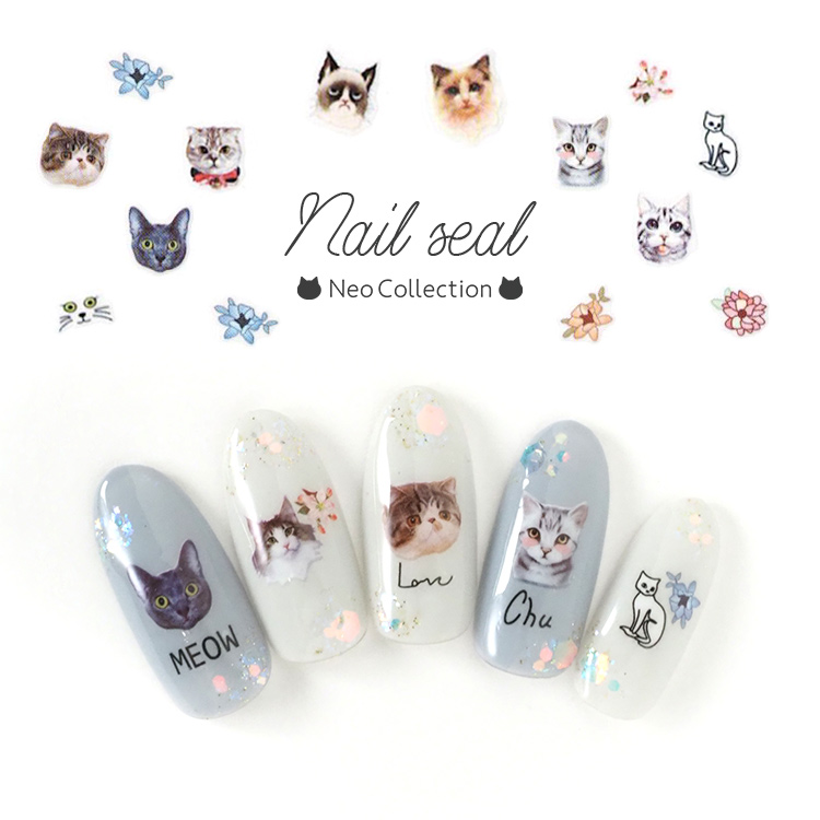 ネイルシール　猫　顔　お花　【R025】　フラワー　キャット　アニマル　ねこ｜neocolle