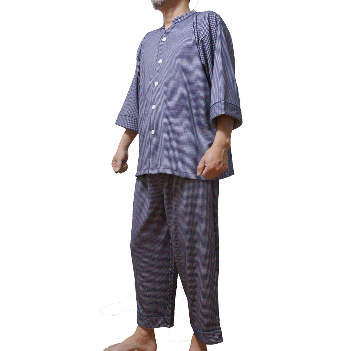 パジャマ業務用 三露産業 ワッフル編みカットソー ネイビー レッド ボタン開きパジャマ 上下セット 大人用フリーサイズ