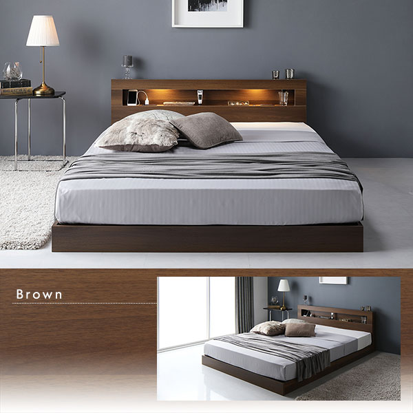 ベッド シングル ベッドフレームのみ シャビーオーク 低床 照明 宮付