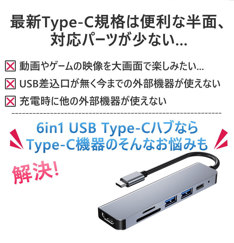 USB Type-C ハブ 6in1 SDカードリーダー HDMI ポート 4K PD対応 USB