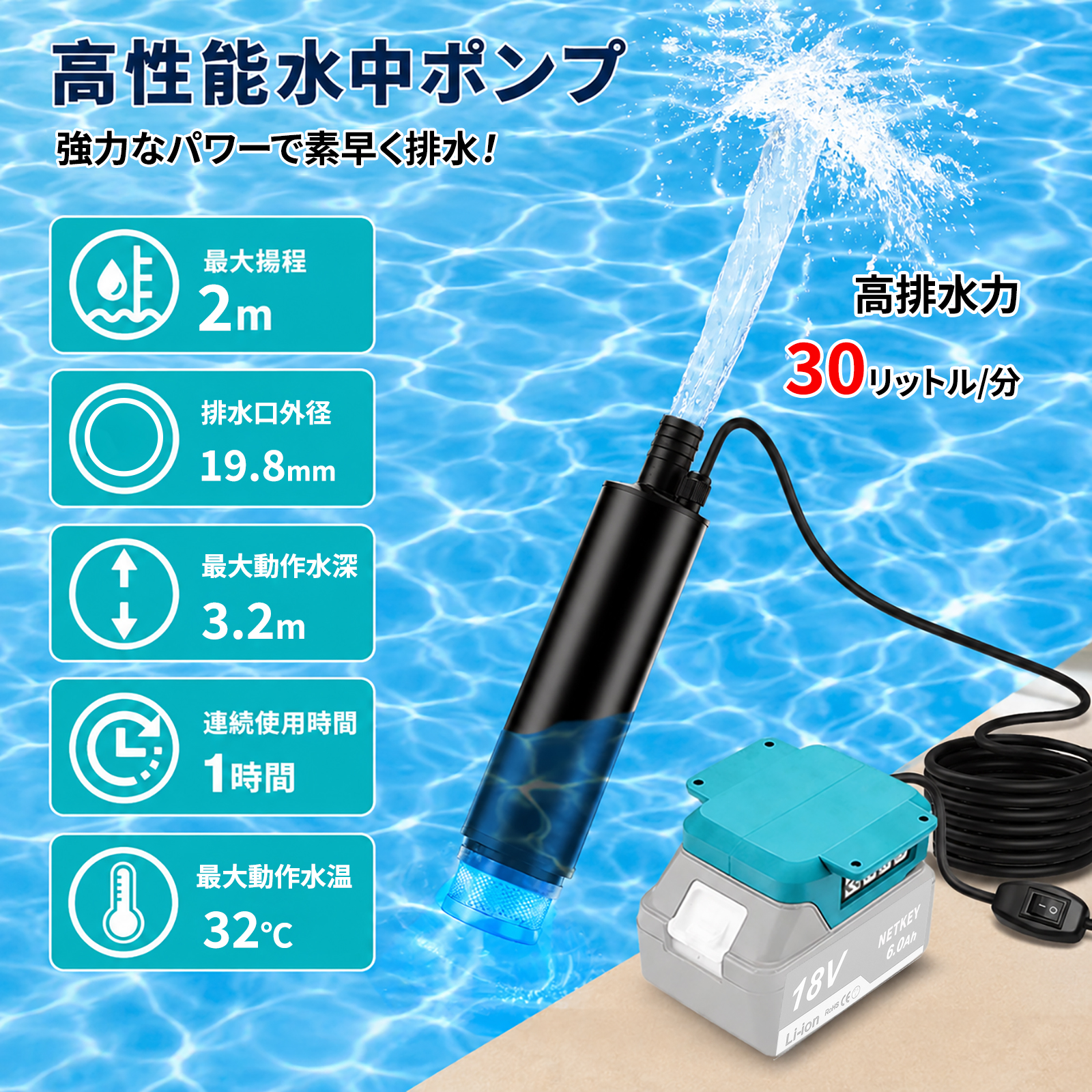 充電式 排水ポンプ 高排水力 強力モーター搭載 静音設計 マキタ18V