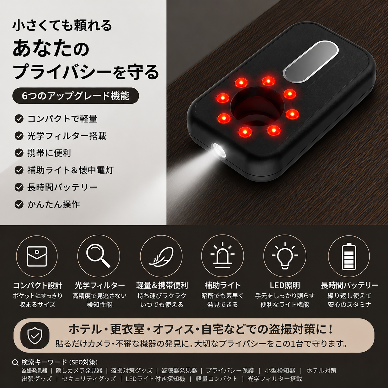 小型盗撮カメラ探知器 隠しカメラ発見器 盗撮検知器 盗撮対策グッズ 多