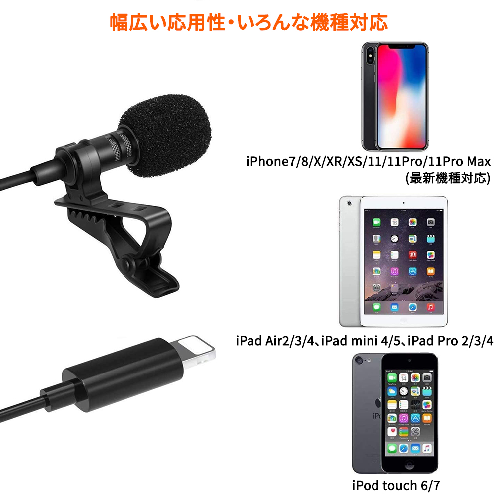 iphone用マイク Lightningクリップマイク コンデンサマイク 360°全方向