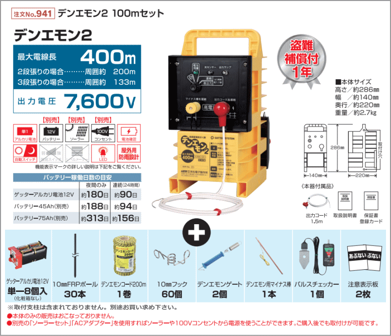 末松電子 電気柵セット #941 デンエモン2_100mセット : ねっとんや