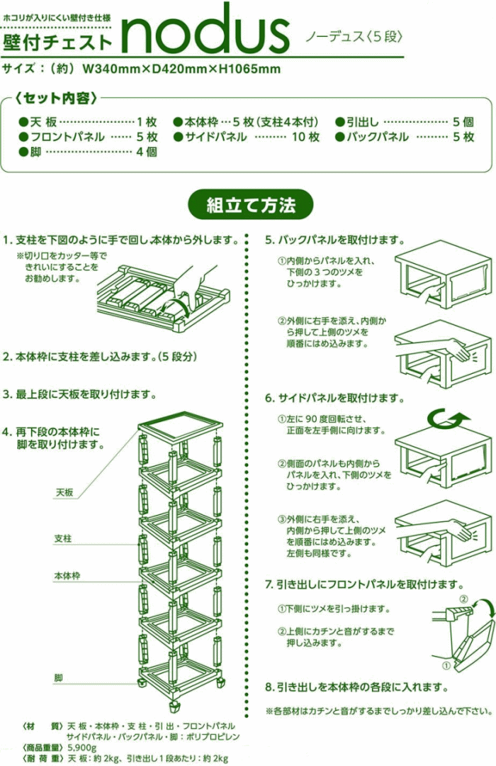 平和工業 壁付チェスト ノーデュス （nodus） 5段 : ねっとんや - 通販