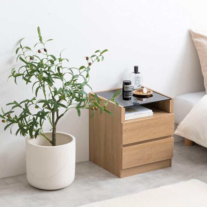 ナイトテーブル 引き出し 木製 ガラス天板 おしゃれ サイドテーブル