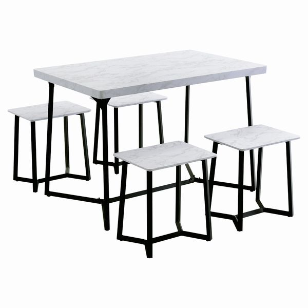 大理石調ダイニング5点セット 大理石柄の天板で高級感 憧れ 長方形 4人用 ワークデスクにも グレー ホワイト |  | 02