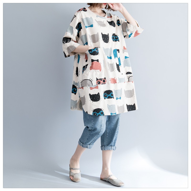 大きいサイズ レディース チュニック 猫 モグラ柄プリント 裾配色切替