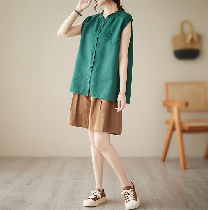 ノースリーブ シャツ 夏 レディース 薄手 前開き ボタン留め 綿