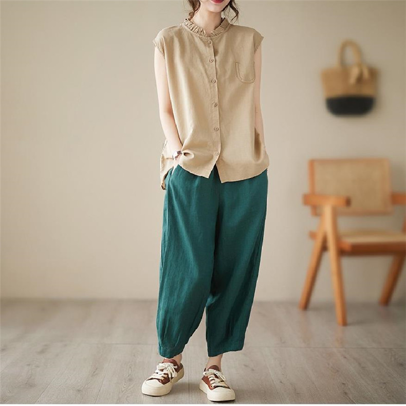ノースリーブ シャツ 夏 レディース 薄手 前開き ボタン留め 綿