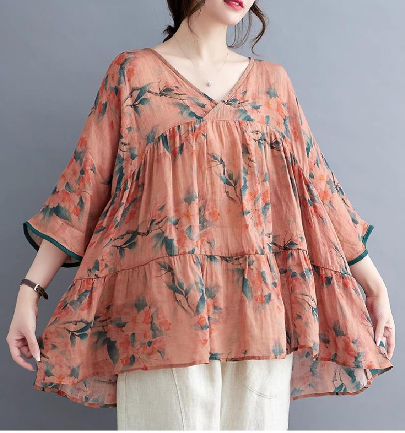 夏ブラウス レディース トップス シャツ プルオーバー 半袖 大きめ ビッグサイズ  ゆっくり フラワー柄  軽くてさらっとした着心地 女性可愛らしさをplus |  | 05