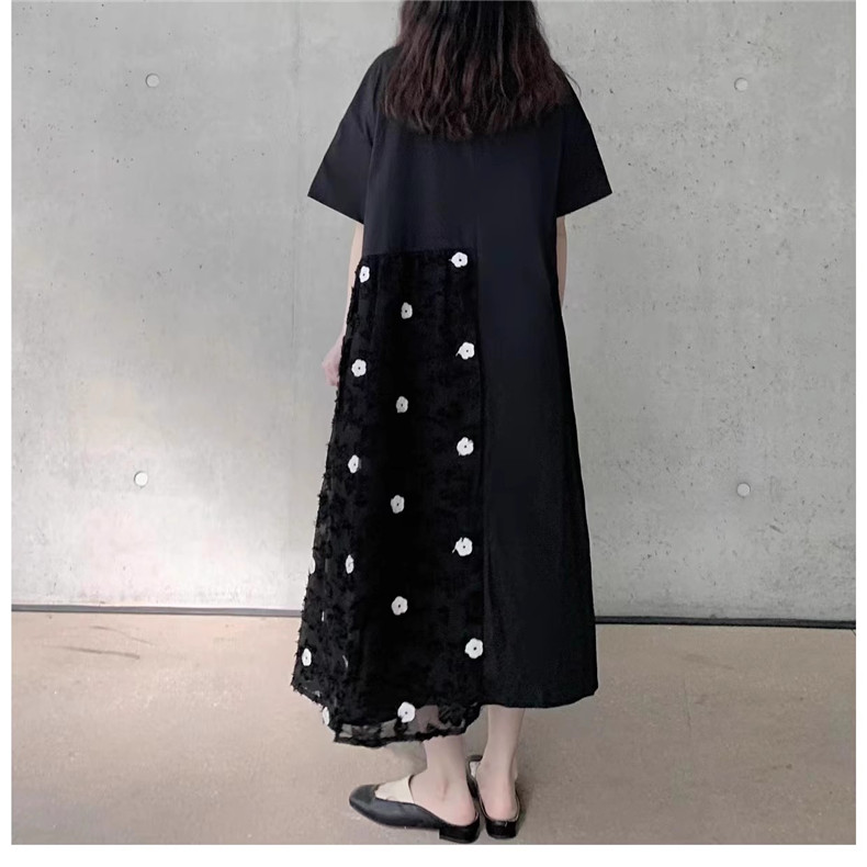 夏ワンピース レディース ロング丈 半袖 異素材 フレア 体型カバー