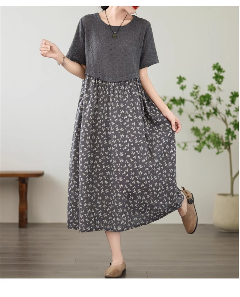 レディース 夏服 人気ワンピース ロング丈 クルーネック 異素材
