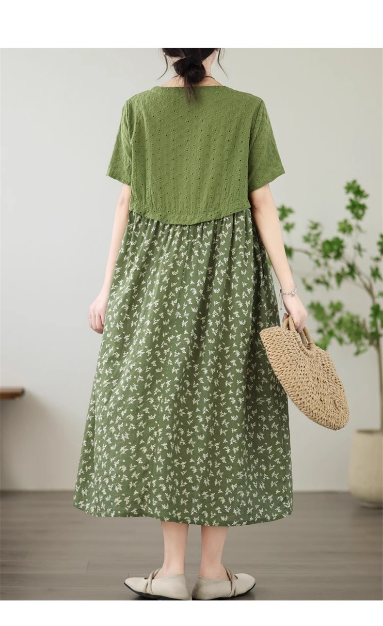 レディース 夏服 人気ワンピース ロング丈 クルーネック 異素材