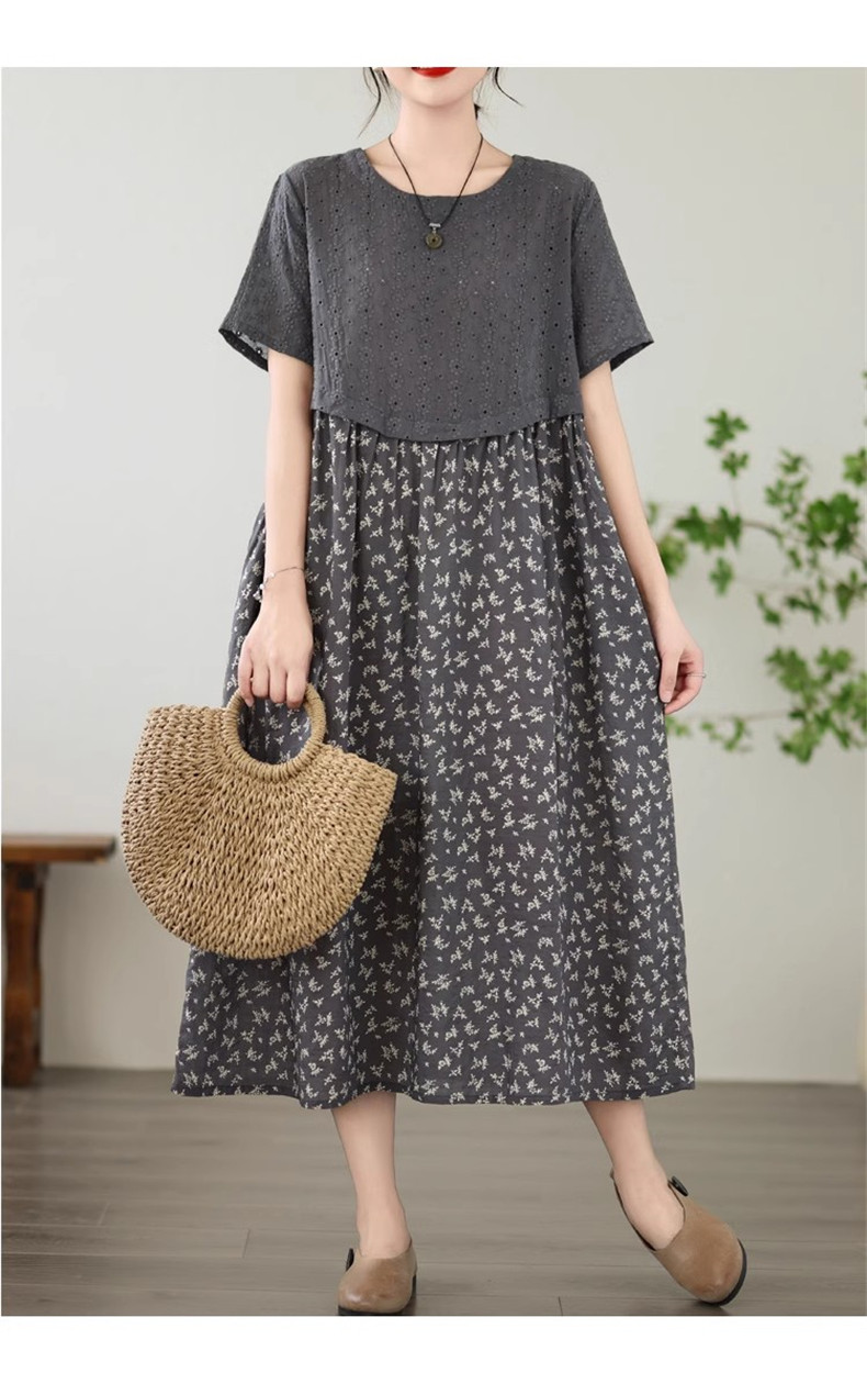 レディース 夏服 人気ワンピース ロング丈 クルーネック 異素材