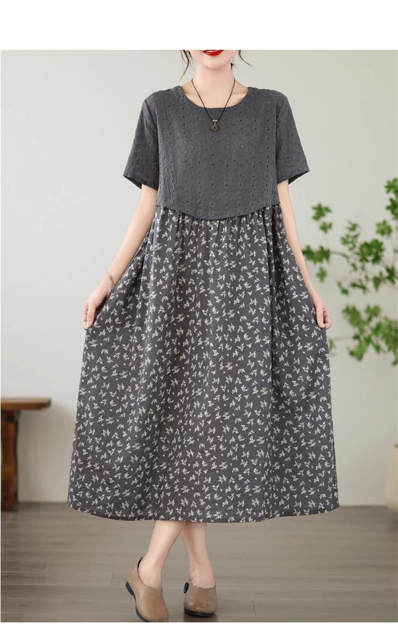 レディース 夏服 人気ワンピース ロング丈 クルーネック 異素材