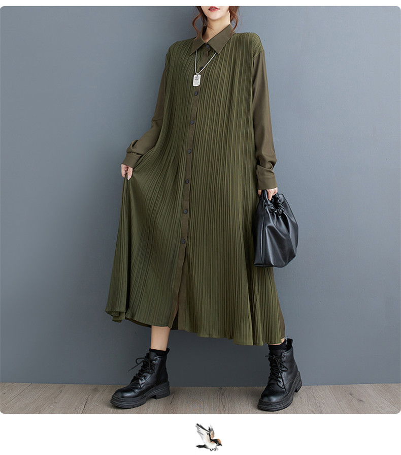【送料無料】切替え 長袖 フレア ロング丈 シャツワンピース ワンピース ロング丈 シャツワンピ プリーツ シフォン フレア