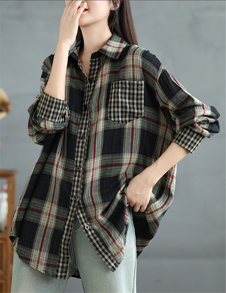 ロングシャツ レディース 春秋 トップス 長袖 チェック柄 羽織り 綿