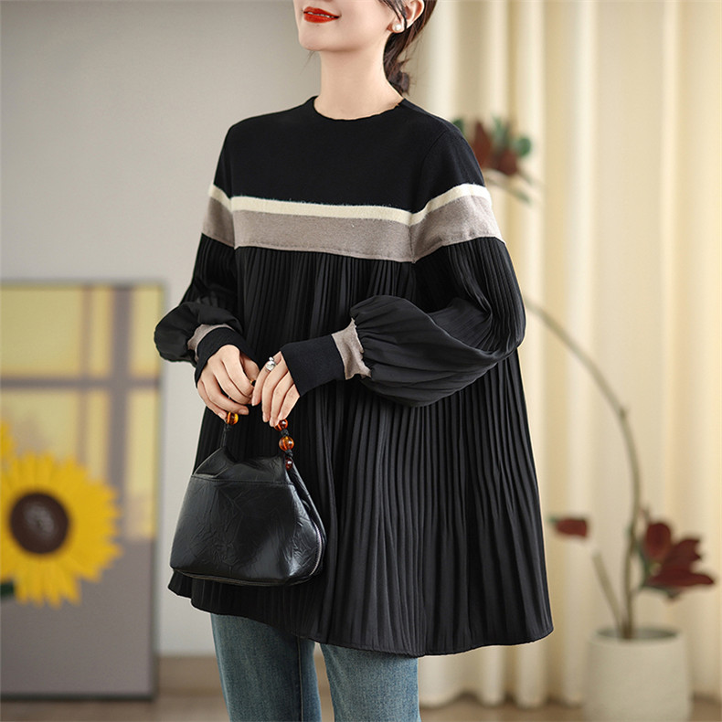ニット レディース 異素材 切り替え プルオーバー 秋トップス プリーツ