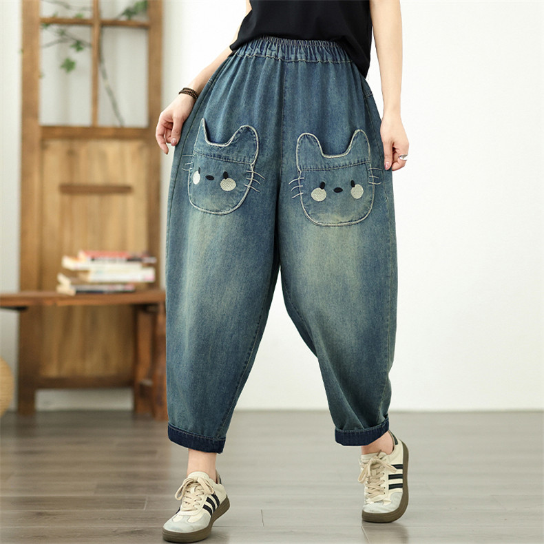 デニムパンツ レディース ワイドパンツ 可愛い猫 ポケット ジーンズ