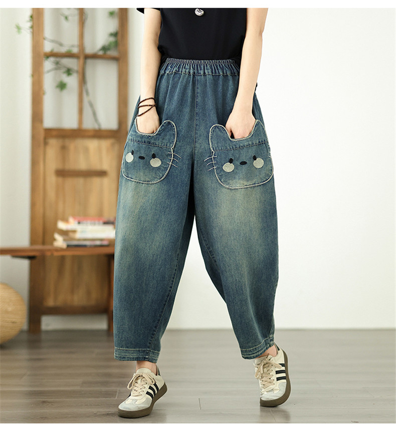 デニムパンツ レディース ワイドパンツ 可愛い猫 ポケット ジーンズ