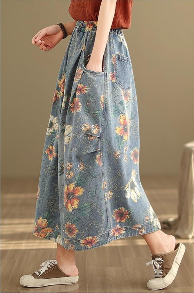 デニムスカート レディース ボトムス ロングスカート 花柄 こなれ感の