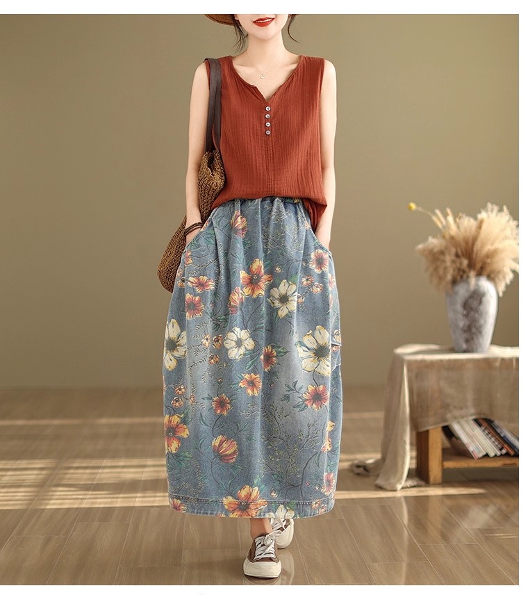 デニムスカート レディース ボトムス ロングスカート 花柄 こなれ感の