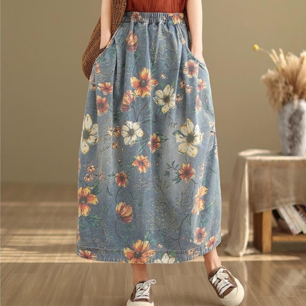 デニムスカート レディース ボトムス ロングスカート 花柄 こなれ感の