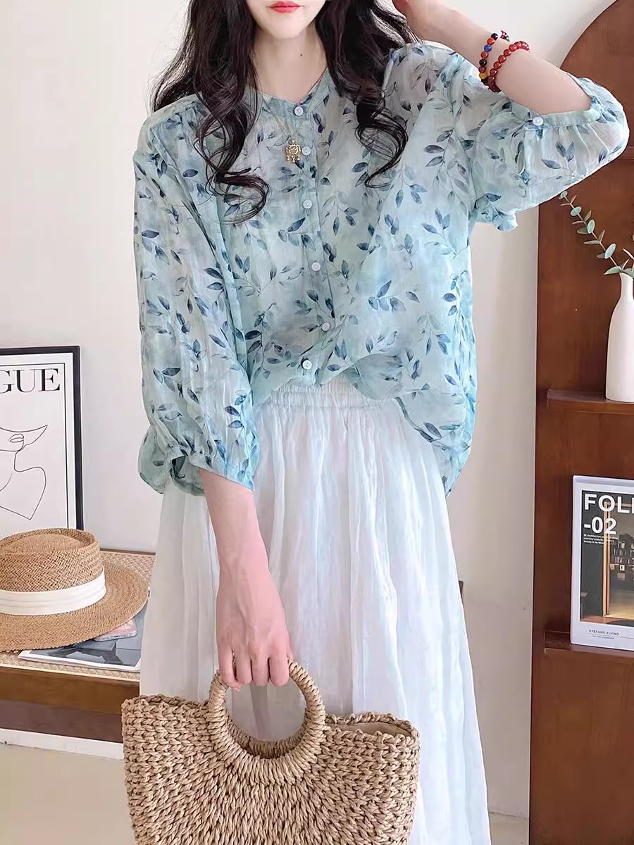 ブラウス トップス シャツ Tシャツ レディース 夏 大きいサイズ ボリュームスリーブ ラウンドネック 花柄 大人カジュアル グリーン ブルー 魅力的 シンプル ファ 夏シャツ レディース トップス ブラウス ボリュームスリーブ