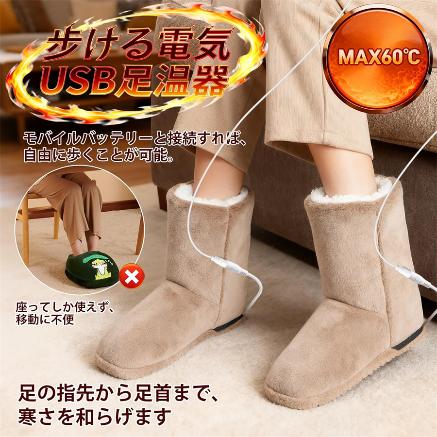 フットウォーマー 電気足温器 足元ヒーター 歩ける 電気スリッパ USB