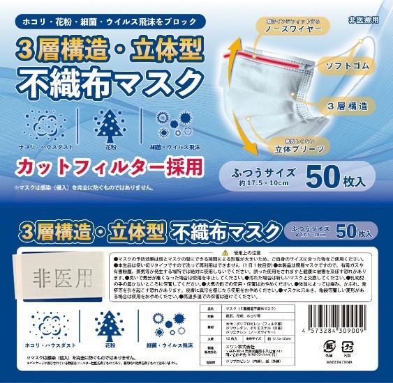 最大P+16% 【2個セット】不織布マスク 高品質 3層構造 立体型 使い捨て