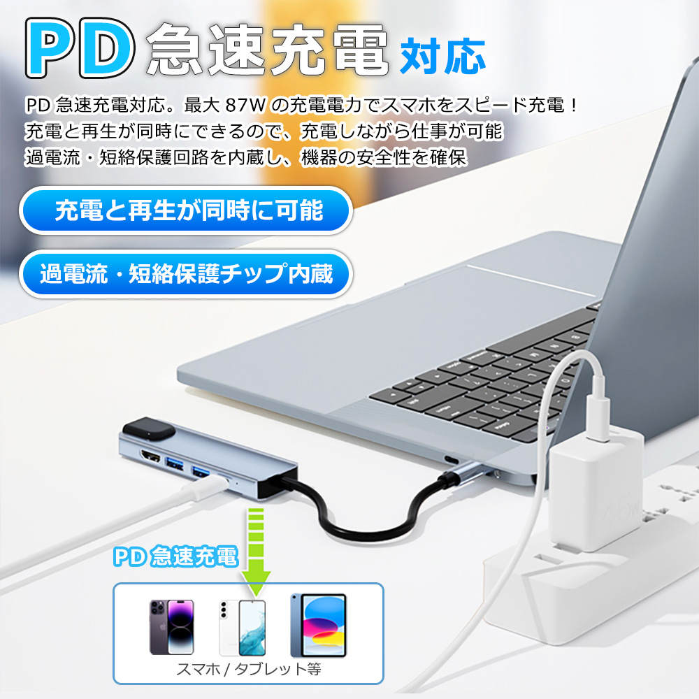 USBハブ 5ポート USB拡張 4K HDMI PD充電 hub USB-C USB3.0 変換