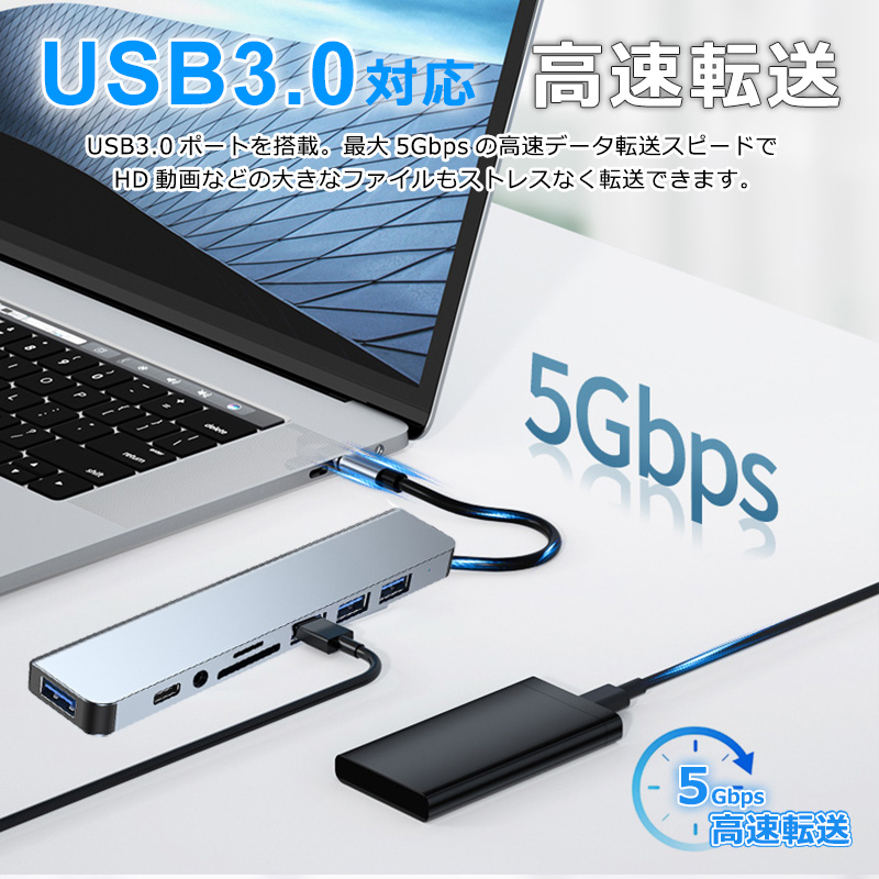 USBハブ 8ポート USB拡張 PD充電 hub SD/microSD カードリーダー USB-C