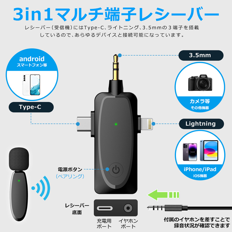 ワイヤレスマイク ピンマイク type-c lightning 3.5mm 3端子 無線