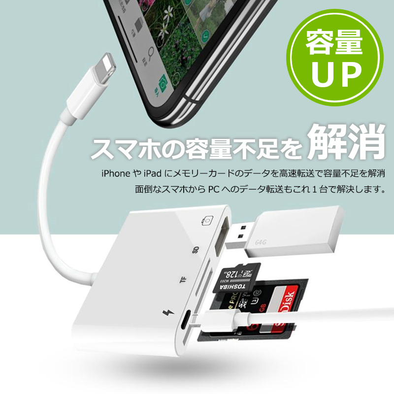 51%OFF!】 IPhone iPad SD データ バックアップ USB 4in1 充電 カードリーダー 写真 転送 接続  外付けハードディスク、ドライブ