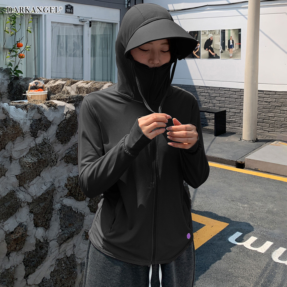ローグ丈UVパーカー UVカット ラッシュガード レディース 長袖 薄手 日焼け止め スポーツ ジム ヨガ マスク つば バイザー アームカバー 帽子 冷感 接触冷感 | Dark Angel | 03