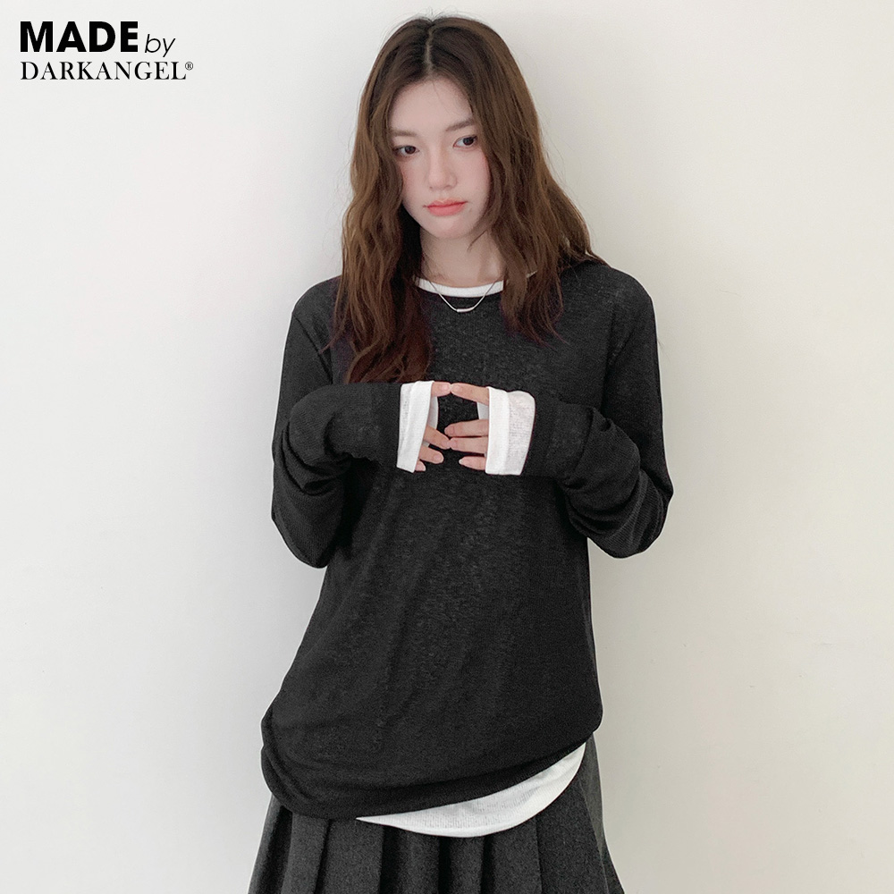 Dark Angel シアー ロンT リブ レイヤード シースルー 袖クシュ